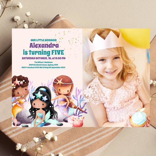 フォトアクアグリーン金ゴールドリトルマーメイド誕生日 招待状