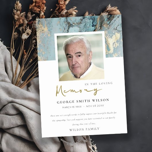 フォトアクアダスクブルー金ゴールド瑪瑙悔やみや弔慰メモリアル サンキューカード