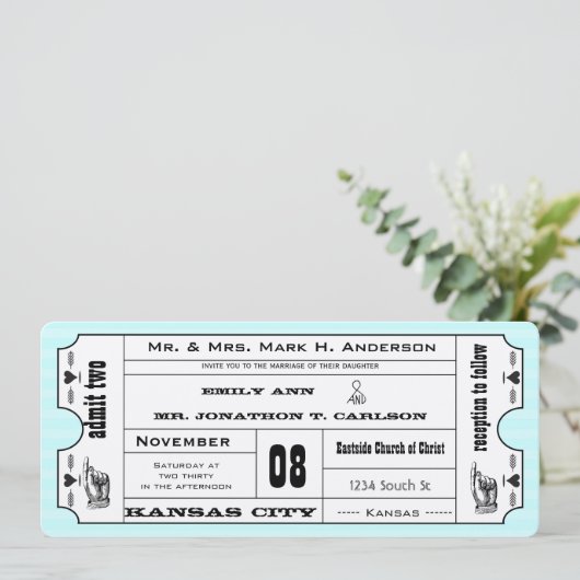 フォトアクアモダンタイポグラフィチケット結婚ズ 招待状 (スタンド正面)