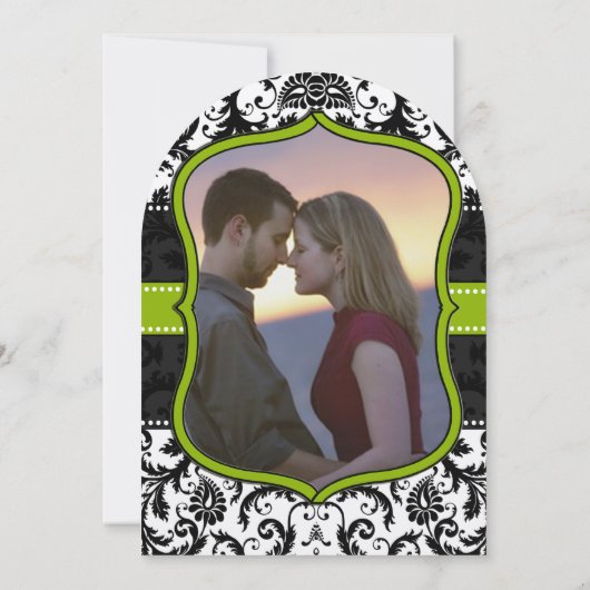 フォトアップルグリーンブラックヴィンテージダマスコウェディング 招待状 (裏面)