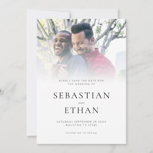 フォトアモダンレイQRゲイ結婚式の日付を保存 セーブザデート (正面)