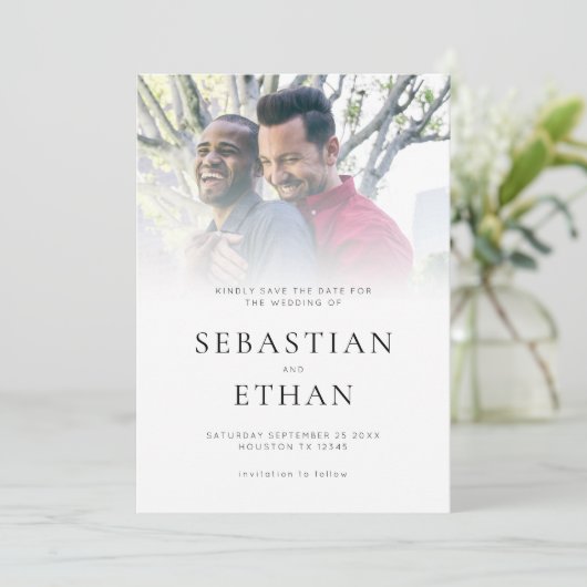 フォトアモダンレイQRゲイ結婚式の日付を保存 セーブザデート (スタンド正面)