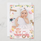 フォトアモダンーチピンクトラクターファーム1st誕生日 招待状 (正面)