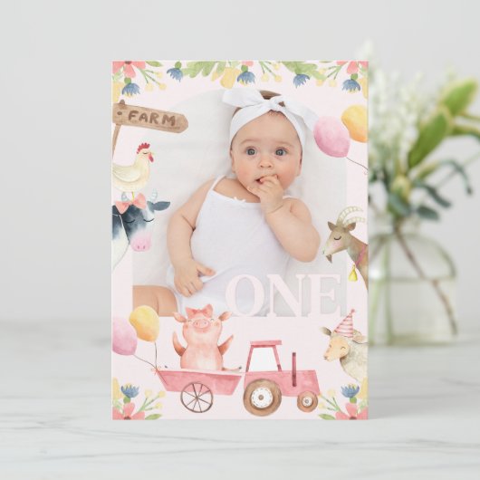 フォトアモダンーチピンクトラクターファーム1st誕生日 招待状 (スタンド正面)