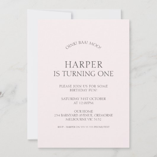 フォトアモダンーチピンクトラクターファーム1st誕生日 招待状 (裏面)