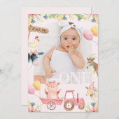 フォトアモダンーチピンクトラクターファーム1st誕生日 招待状 (正面/裏面)