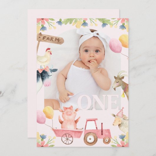 フォトアモダンーチピンクトラクターファーム1st誕生日 招待状 (正面/裏面)