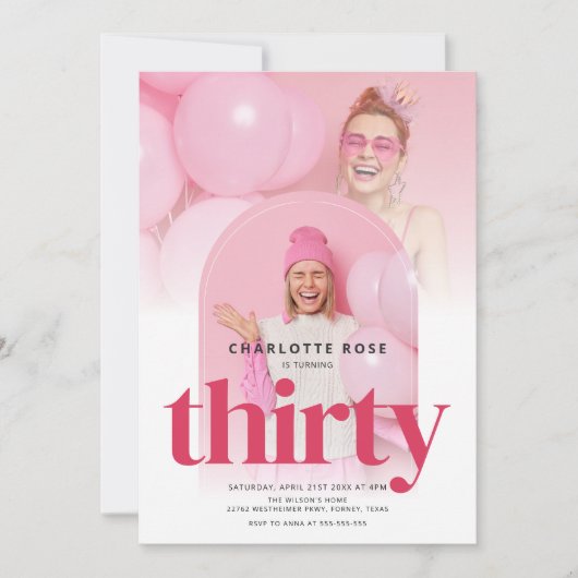 フォトアモダンーチピンク30歳の誕生日 招待状 (正面)