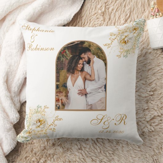 フォトアーエレガントチ金ゴールドフローラモノグラ結婚ム クッション (ブランケット)