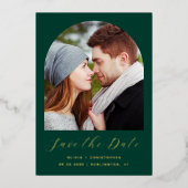 フォトアーチエメラルドグリーン金ゴールド日付の保存 箔招待状 (正面)