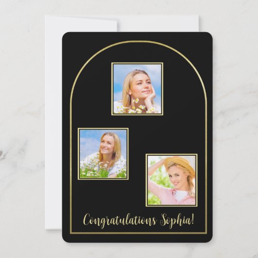 フォトアーチブラック金ゴールド卒業発表 招待状 (裏面)