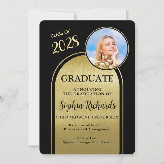 フォトアーチブラック金ゴールド卒業発表 招待状 (正面)