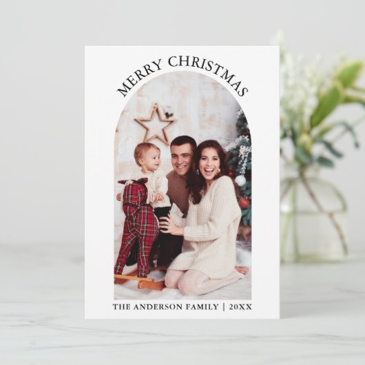 フォトアーチメリークリスマスレッドプレイドホリデーカード シーズンカード (スタンド正面)