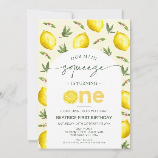 フォトアーチレモン私たちのメイン絞り1st誕生日 招待状 (正面)