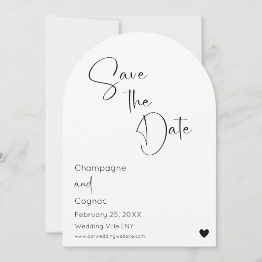 フォトアーチ日付のスクリプモダントの結婚保存 招待状 (裏面)