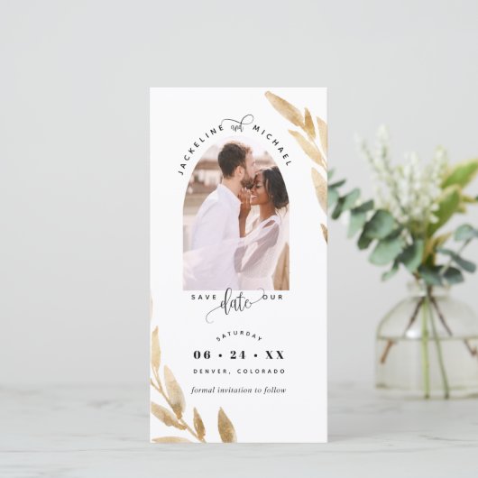 フォトアーチ、金ゴールドウェディング日付ブックマークを保存 (スタンド正面)