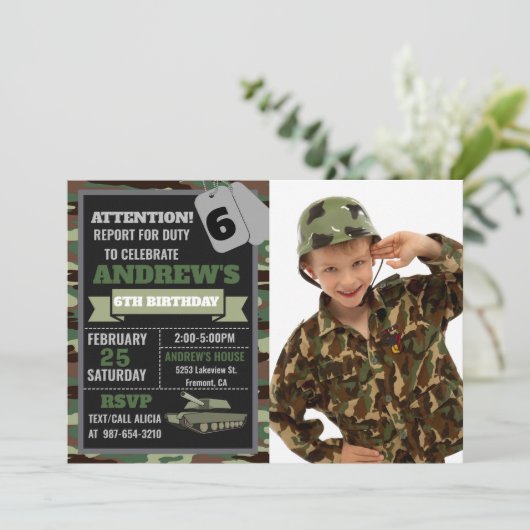 フォトアーミー招待、迷彩柄軍隊誕生日 招待状 (スタンド正面)