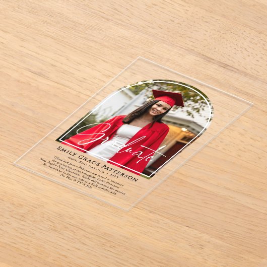 フォトアーモダンチスクリプトの卒業発表 アクリル招待状 (レイダウン)