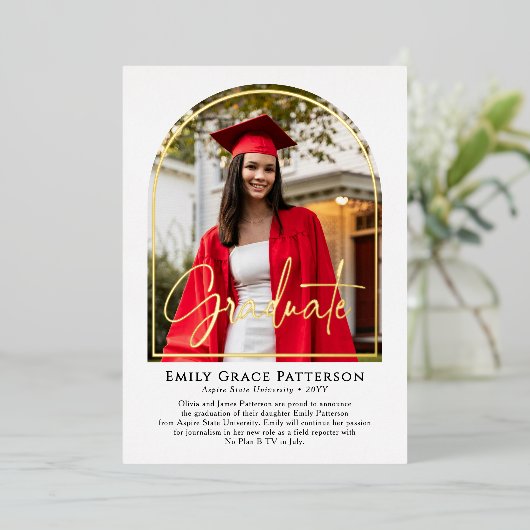 フォトアーモダンチスクリプトの卒業発表 箔招待状 (立ち正面)