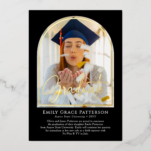 フォトアーモダンチスクリプトの卒業発表 箔招待状 (正面)