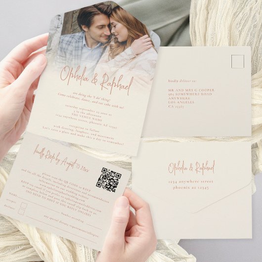 フォトア素朴レイQRコードクリーム結婚ズ オールインワン招待状