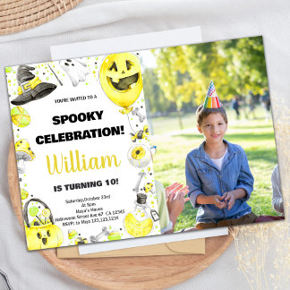 フォトイエローグリーンハロウィーン誕生日招待状 招待状