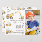 フォトイエローダンプ建築1st誕生日 招待状 (正面/裏面)