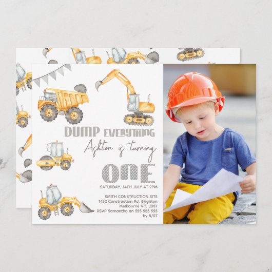 フォトイエローダンプ建築1st誕生日 招待状 (正面/裏面)