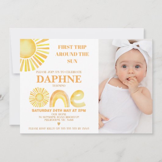 フォトイエローファーストのまわりにトリップサン1st誕生日 招待状 (正面)