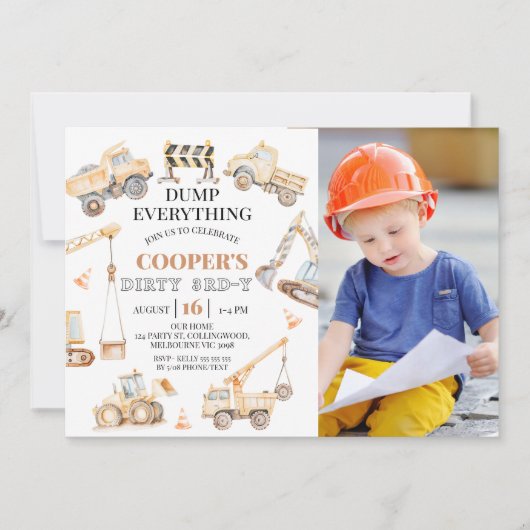 フォトイエロー建築ダーティ3歳3歳の誕生日 招待状 (正面)