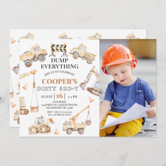 フォトイエロー建築ダーティ3歳3歳の誕生日 招待状 (正面/裏面)