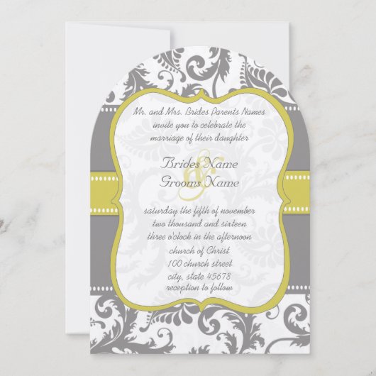 フォトイエロー&グレーヴィンテージダマスクウェディング招待状 招待状 (正面)