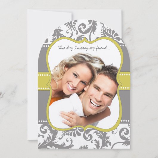 フォトイエロー&グレーヴィンテージダマスクウェディング招待状 招待状 (裏面)