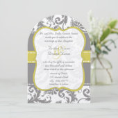 フォトイエロー&グレーヴィンテージダマスクウェディング招待状 招待状 (スタンド正面)