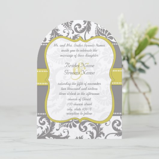 フォトイエロー&グレーヴィンテージダマスクウェディング招待状 招待状 (スタンド正面)