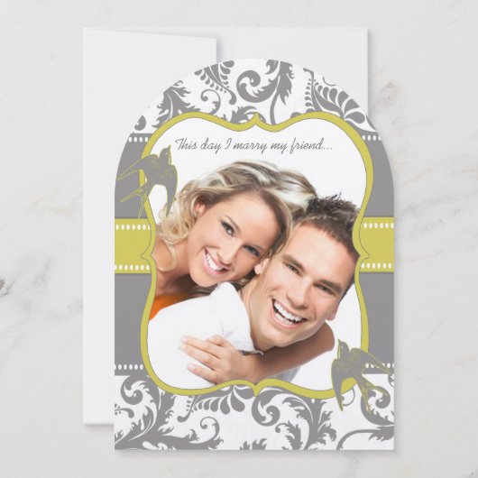 フォトイエロー&グレーヴィンテージバードダマスクウェディング 招待状 (裏面)