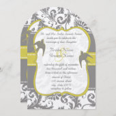 フォトイエロー&グレーヴィンテージバードダマスクウェディング 招待状 (正面/裏面)