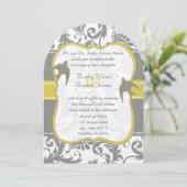 フォトイエロー&グレーヴィンテージバードダマスクウェディング 招待状 (スタンド正面)