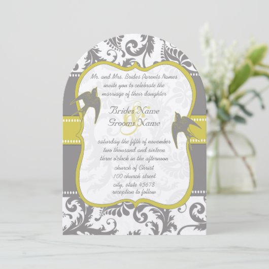 フォトイエロー&グレーヴィンテージバードダマスクウェディング 招待状 (スタンド正面)