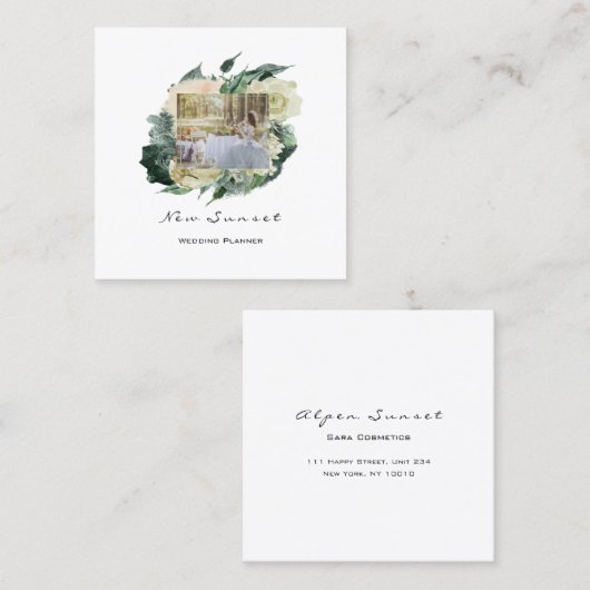 フォトイベントウェディングプランナーミントフレーム花模様 スクエア名刺 (正面/裏面)