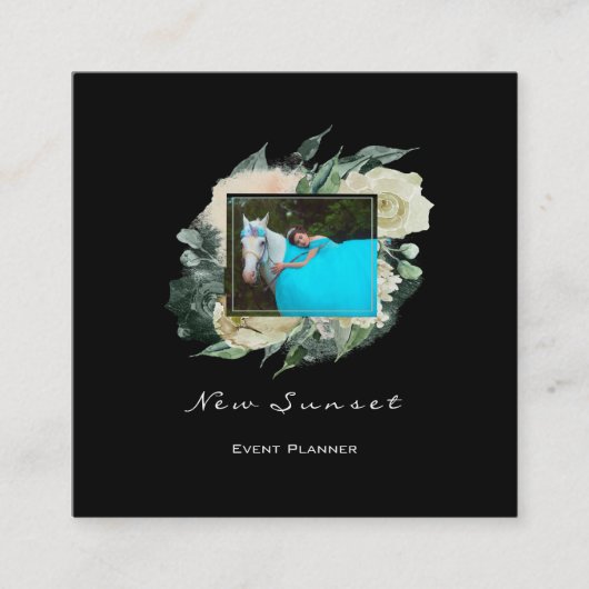 フォトイベントプランナー白黒枠花模様 スクエア名刺 (正面)