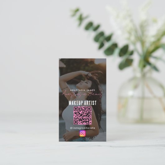 フォトインフ食べ物を与えランサーグリッドSNSピンク 名刺 (スタンド正面)