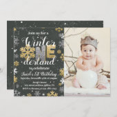 フォトウィンターオネダーランド誕生日招待状金ゴールド 招待状 (正面/裏面)