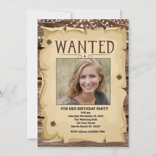 フォトウェスタンおもしろい指名手配ポスター誕生日パーティー 招待状 (正面)