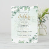フォトウェディングは緑の金ゴールドユールカリプタスを誘う 招待状 (スタンド正面)