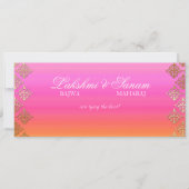 フォトウェディング招待インディアンピンクオレンジ金ゴールド セーブザデート (正面)