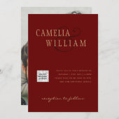 フォトウェディング招待状　ＱＲコード　ＲＳＶＰ　バーガンディーレッド 招待状 (正面/裏面)