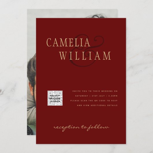 フォトウェディング招待状　ＱＲコード　ＲＳＶＰ　バーガンディーレッド 招待状 (正面/裏面)