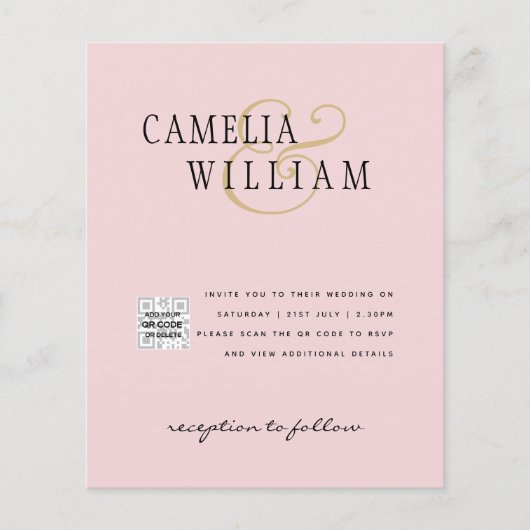 フォトウェディング招待状　ＱＲコード　ＲＳＶＰ　　ブッシュピンク チラシ (正面)