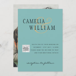 フォトウェディング招待状 QRコード 出欠確認 シーグラス ターコイズ 招待状